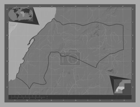 Foto de Dakhla-Oued Ed-Dahab, provincia del Sáhara Occidental. Mapa de elevación de Bilevel con lagos y ríos. Mapas de ubicación auxiliares de esquina - Imagen libre de derechos