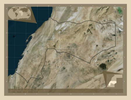 Téléchargez les photos : Dakhla-Oued Ed-Dahab, province du Sahara Occidental. Carte satellite haute résolution. Corner cartes de localisation auxiliaires - en image libre de droit