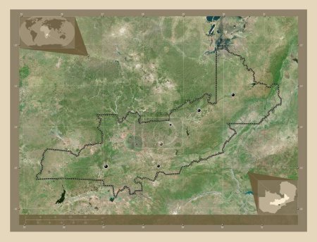 Foto de Central, región de Zambia. Mapa satelital de alta resolución. Ubicaciones de las principales ciudades de la región. Mapas de ubicación auxiliares de esquina - Imagen libre de derechos