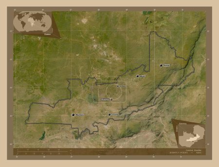 Foto de Central, región de Zambia. Mapa satelital de baja resolución. Ubicaciones y nombres de las principales ciudades de la región. Mapas de ubicación auxiliares de esquina - Imagen libre de derechos