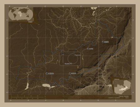 Téléchargez les photos : Centre, région de Zambie. Carte d'altitude colorée dans des tons sépia avec des lacs et des rivières. Emplacements et noms des grandes villes de la région. Corner cartes de localisation auxiliaires - en image libre de droit
