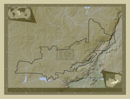 Foto de Central, región de Zambia. Mapa de elevación coloreado en estilo wiki con lagos y ríos. Mapas de ubicación auxiliares de esquina - Imagen libre de derechos