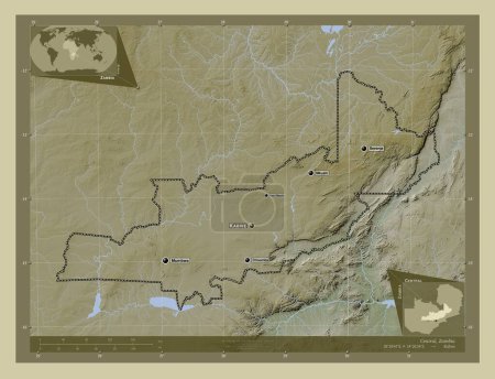 Foto de Central, región de Zambia. Mapa de elevación coloreado en estilo wiki con lagos y ríos. Ubicaciones y nombres de las principales ciudades de la región. Mapas de ubicación auxiliares de esquina - Imagen libre de derechos