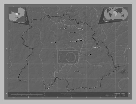 Téléchargez les photos : Ceinture de cuivre, province de Zambie. Carte d'altitude en niveaux de gris avec lacs et rivières. Emplacements et noms des grandes villes de la région. Corner cartes de localisation auxiliaires - en image libre de droit