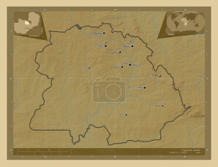 Foto de Cinturón de cobre, provincia de Zambia. Mapa de elevación de colores con lagos y ríos. Ubicaciones y nombres de las principales ciudades de la región. Mapas de ubicación auxiliares de esquina - Imagen libre de derechos