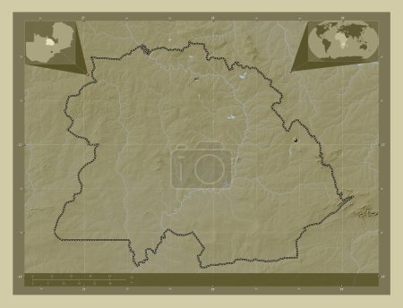 Foto de Cinturón de cobre, provincia de Zambia. Mapa de elevación coloreado en estilo wiki con lagos y ríos. Mapas de ubicación auxiliares de esquina - Imagen libre de derechos