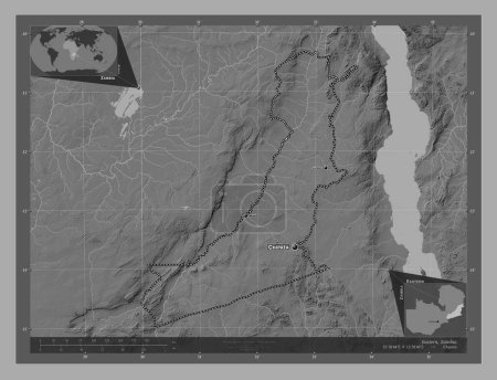 Téléchargez les photos : Est, région de Zambie. Carte d'altitude de Bilevel avec lacs et rivières. Emplacements et noms des grandes villes de la région. Corner cartes de localisation auxiliaires - en image libre de droit