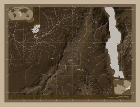 Photo for Eastern, region of Zambia. Elevation map colored in sepia tones with lakes and rivers. Locations and names of major cities of the region. Corner auxiliary location maps - Royalty Free Image