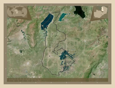 Foto de Luapula, provincia de Zambia. Mapa satelital de alta resolución. Ubicaciones de las principales ciudades de la región. Mapas de ubicación auxiliares de esquina - Imagen libre de derechos