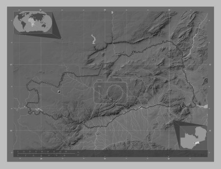 Photo for Lusaka, province of Zambia. Grayscale elevation map with lakes and rivers. Corner auxiliary location maps - Royalty Free Image