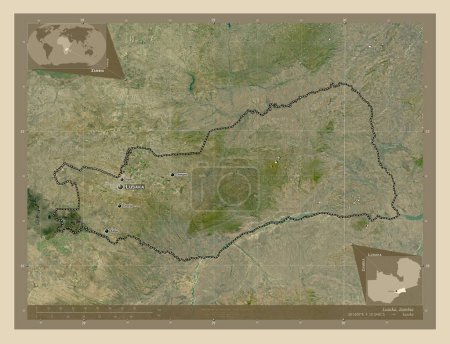 Foto de Lusaka, provincia de Zambia. Mapa satelital de alta resolución. Ubicaciones y nombres de las principales ciudades de la región. Mapas de ubicación auxiliares de esquina - Imagen libre de derechos