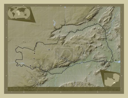 Foto de Lusaka, provincia de Zambia. Mapa de elevación coloreado en estilo wiki con lagos y ríos. Ubicaciones de las principales ciudades de la región. Mapas de ubicación auxiliares de esquina - Imagen libre de derechos