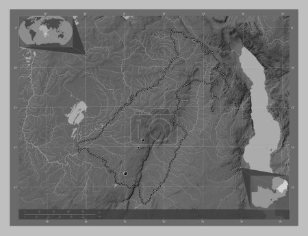 Photo for Muchinga, province of Zambia. Grayscale elevation map with lakes and rivers. Locations of major cities of the region. Corner auxiliary location maps - Royalty Free Image