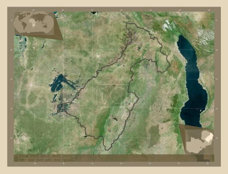 Foto de Muchinga, provincia de Zambia. Mapa satelital de alta resolución. Mapas de ubicación auxiliares de esquina - Imagen libre de derechos