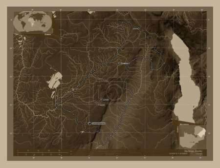 Photo for Muchinga, province of Zambia. Elevation map colored in sepia tones with lakes and rivers. Locations and names of major cities of the region. Corner auxiliary location maps - Royalty Free Image