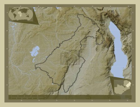 Foto de Muchinga, provincia de Zambia. Mapa de elevación coloreado en estilo wiki con lagos y ríos. Mapas de ubicación auxiliares de esquina - Imagen libre de derechos
