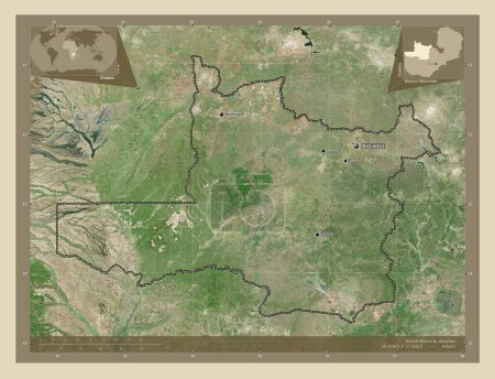 Téléchargez les photos : Nord-ouest, province de Zambie. Carte satellite haute résolution. Emplacements et noms des grandes villes de la région. Corner cartes de localisation auxiliaires - en image libre de droit