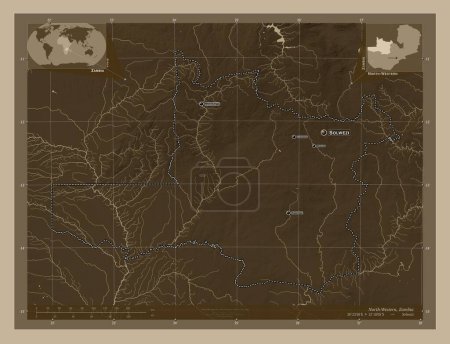 Téléchargez les photos : Nord-ouest, province de Zambie. Carte d'altitude colorée dans des tons sépia avec des lacs et des rivières. Emplacements et noms des grandes villes de la région. Corner cartes de localisation auxiliaires - en image libre de droit