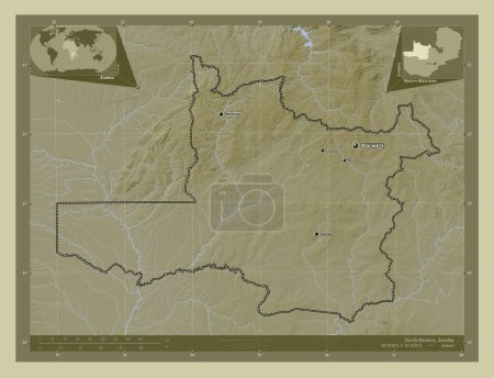 Foto de Noroeste, provincia de Zambia. Mapa de elevación coloreado en estilo wiki con lagos y ríos. Ubicaciones y nombres de las principales ciudades de la región. Mapas de ubicación auxiliares de esquina - Imagen libre de derechos