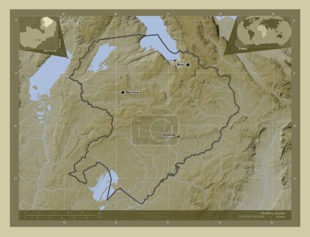 Foto de Norte, región de Zambia. Mapa de elevación coloreado en estilo wiki con lagos y ríos. Ubicaciones y nombres de las principales ciudades de la región. Mapas de ubicación auxiliares de esquina - Imagen libre de derechos