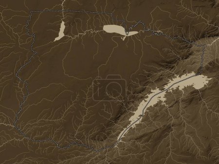 Téléchargez les photos : Sud, région de Zambie. Carte d'altitude colorée dans des tons sépia avec des lacs et des rivières - en image libre de droit