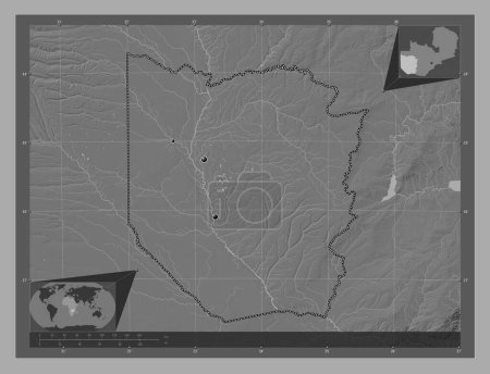 Téléchargez les photos : Ouest, région de Zambie. Carte d'altitude de Bilevel avec lacs et rivières. Emplacements des grandes villes de la région. Corner cartes de localisation auxiliaires - en image libre de droit