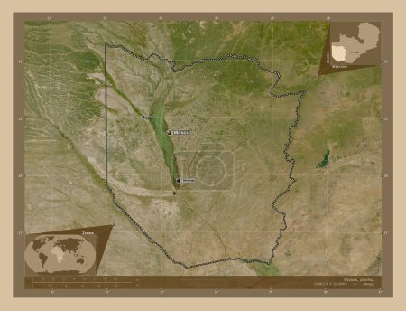 Foto de Oeste, región de Zambia. Mapa satelital de baja resolución. Ubicaciones y nombres de las principales ciudades de la región. Mapas de ubicación auxiliares de esquina - Imagen libre de derechos