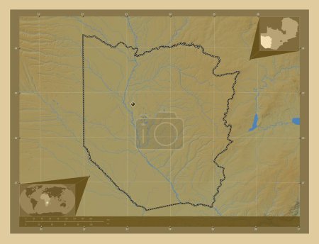 Téléchargez les photos : Ouest, région de Zambie. Carte d'altitude colorée avec lacs et rivières. Corner cartes de localisation auxiliaires - en image libre de droit