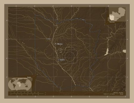 Photo for Western, region of Zambia. Elevation map colored in sepia tones with lakes and rivers. Locations and names of major cities of the region. Corner auxiliary location maps - Royalty Free Image
