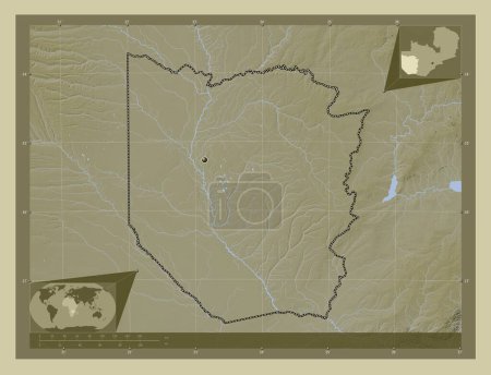Foto de Oeste, región de Zambia. Mapa de elevación coloreado en estilo wiki con lagos y ríos. Mapas de ubicación auxiliares de esquina - Imagen libre de derechos
