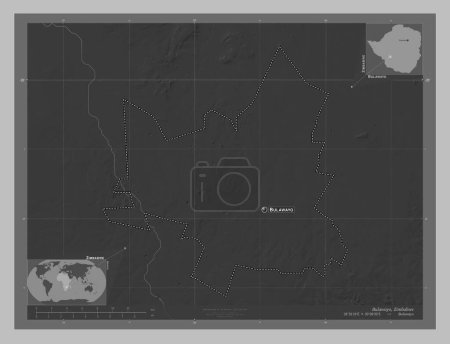 Foto de Bulawayo, ciudad de Zimbabue. Mapa de elevación a escala de grises con lagos y ríos. Ubicaciones y nombres de las principales ciudades de la región. Mapas de ubicación auxiliares de esquina - Imagen libre de derechos
