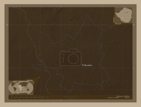 Téléchargez les photos : Bulawayo, ville du Zimbabwe. Carte d'altitude colorée dans des tons sépia avec des lacs et des rivières. Emplacements et noms des grandes villes de la région. Corner cartes de localisation auxiliaires - en image libre de droit