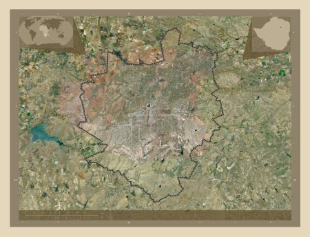 Téléchargez les photos : Harare, ville du Zimbabwe. Carte satellite haute résolution. Emplacements des grandes villes de la région. Corner cartes de localisation auxiliaires - en image libre de droit