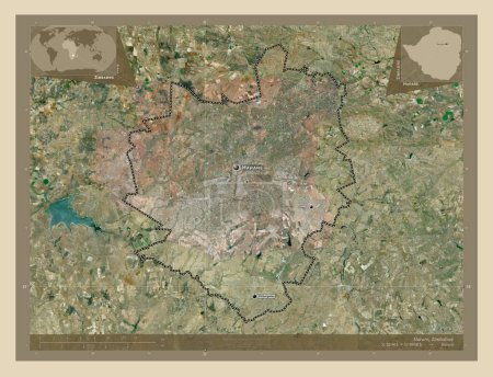 Téléchargez les photos : Harare, ville du Zimbabwe. Carte satellite haute résolution. Emplacements et noms des grandes villes de la région. Corner cartes de localisation auxiliaires - en image libre de droit