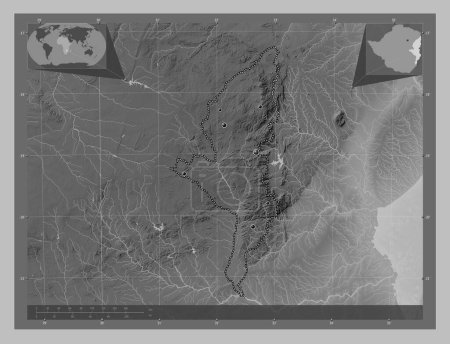 Photo for Manicaland, province of Zimbabwe. Grayscale elevation map with lakes and rivers. Locations of major cities of the region. Corner auxiliary location maps - Royalty Free Image