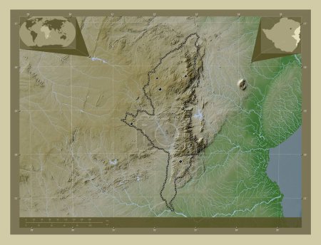 Foto de Manicaland, provincia de Zimbabwe. Mapa de elevación coloreado en estilo wiki con lagos y ríos. Ubicaciones de las principales ciudades de la región. Mapas de ubicación auxiliares de esquina - Imagen libre de derechos
