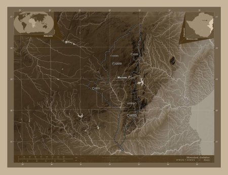 Photo for Manicaland, province of Zimbabwe. Elevation map colored in sepia tones with lakes and rivers. Locations and names of major cities of the region. Corner auxiliary location maps - Royalty Free Image