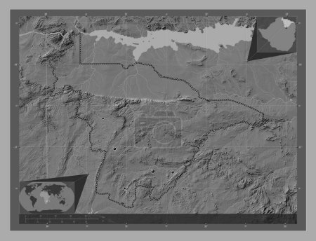 Foto de México Central, provincia de Zimbabue. Mapa de elevación de Bilevel con lagos y ríos. Ubicaciones de las principales ciudades de la región. Mapas de ubicación auxiliares de esquina - Imagen libre de derechos