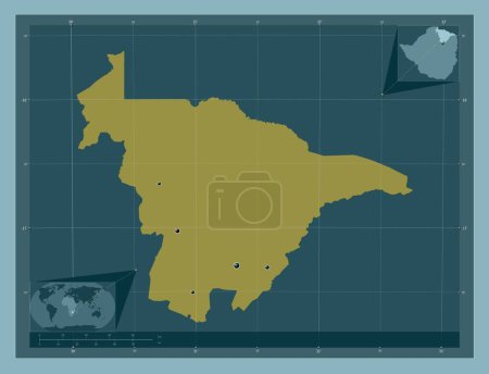 Foto de México Central, provincia de Zimbabue. Forma de color sólido. Ubicaciones de las principales ciudades de la región. Mapas de ubicación auxiliares de esquina - Imagen libre de derechos