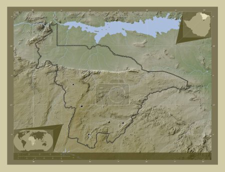 Foto de México Central, provincia de Zimbabue. Mapa de elevación coloreado en estilo wiki con lagos y ríos. Ubicaciones de las principales ciudades de la región. Mapas de ubicación auxiliares de esquina - Imagen libre de derechos