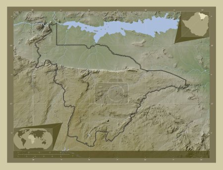 Foto de México Central, provincia de Zimbabue. Mapa de elevación coloreado en estilo wiki con lagos y ríos. Mapas de ubicación auxiliares de esquina - Imagen libre de derechos