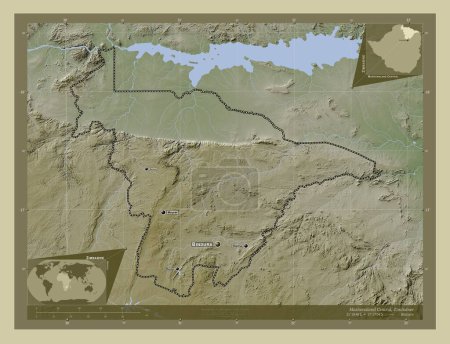 Foto de México Central, provincia de Zimbabue. Mapa de elevación coloreado en estilo wiki con lagos y ríos. Ubicaciones y nombres de las principales ciudades de la región. Mapas de ubicación auxiliares de esquina - Imagen libre de derechos