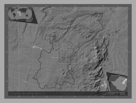 Foto de México Oriental, provincia de Zimbabue. Mapa de elevación de Bilevel con lagos y ríos. Ubicaciones y nombres de las principales ciudades de la región. Mapas de ubicación auxiliares de esquina - Imagen libre de derechos