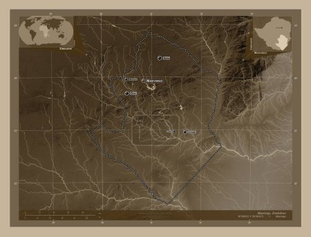 Photo for Masvingo, province of Zimbabwe. Elevation map colored in sepia tones with lakes and rivers. Locations and names of major cities of the region. Corner auxiliary location maps - Royalty Free Image