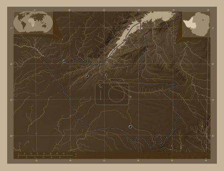 Photo for Matabeleland North, province of Zimbabwe. Elevation map colored in sepia tones with lakes and rivers. Locations of major cities of the region. Corner auxiliary location maps - Royalty Free Image