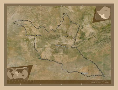 Téléchargez les photos : Matabeleland Sud, province du Zimbabwe. Carte satellite basse résolution. Emplacements et noms des grandes villes de la région. Corner cartes de localisation auxiliaires - en image libre de droit