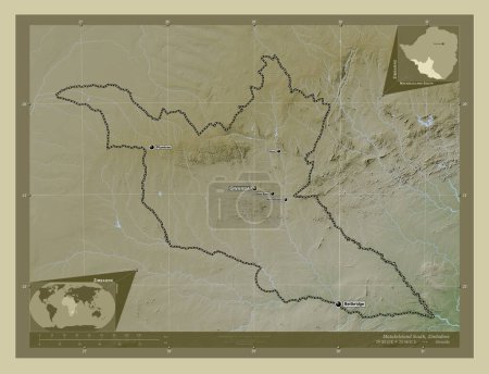 Téléchargez les photos : Matabeleland Sud, province du Zimbabwe. Carte d'altitude colorée dans le style wiki avec des lacs et des rivières. Emplacements et noms des grandes villes de la région. Corner cartes de localisation auxiliaires - en image libre de droit