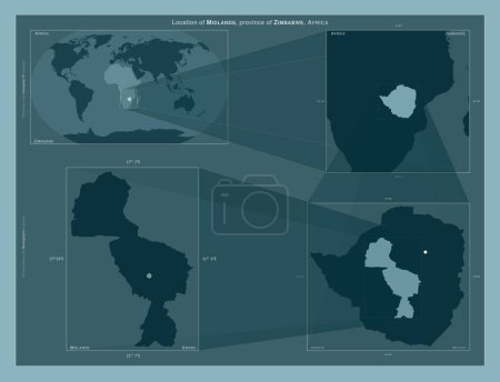 Photo for Midlands, province of Zimbabwe. Diagram showing the location of the region on larger-scale maps. Composition of vector frames and PNG shapes on a solid background - Royalty Free Image