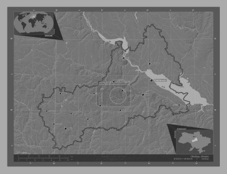 Foto de Cherkasy, región de Ucrania. Mapa de elevación de Bilevel con lagos y ríos. Ubicaciones y nombres de las principales ciudades de la región. Mapas de ubicación auxiliares de esquina - Imagen libre de derechos