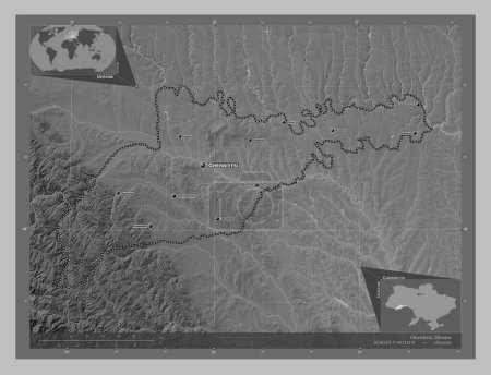 Photo for Chernivtsi, region of Ukraine. Grayscale elevation map with lakes and rivers. Locations and names of major cities of the region. Corner auxiliary location maps - Royalty Free Image
